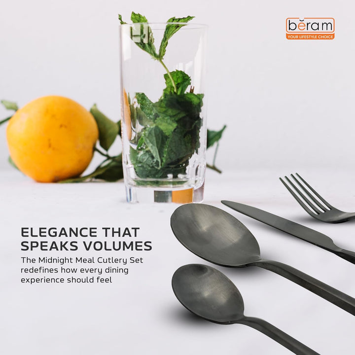 BERAM Midnight Meal Black Cutlery Set – Matte Finish Stainless Steel Flatware for Home, Restaurants & Hotels – Modern Kitchen Utensils
