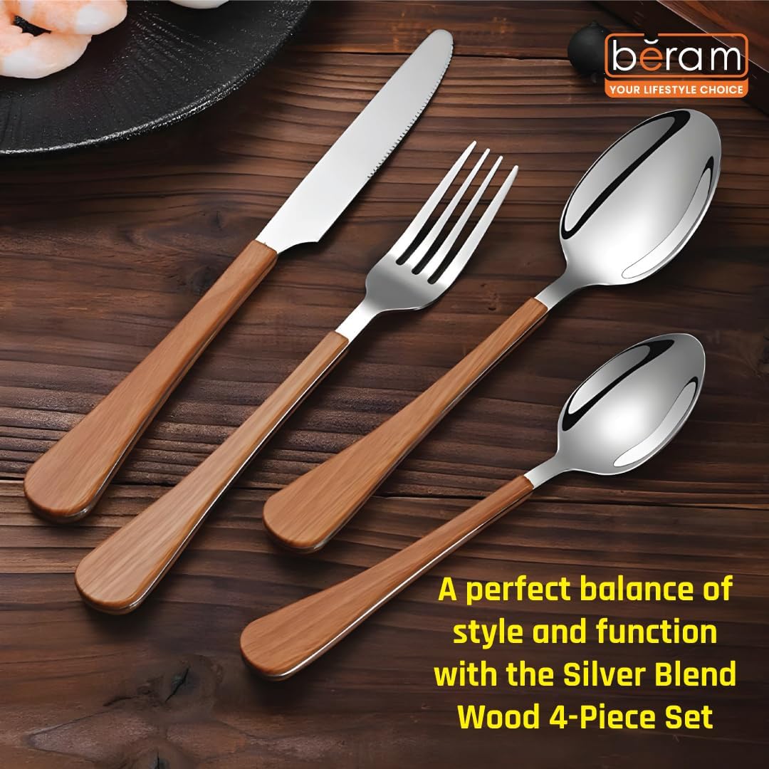 BERAM  Blended Wooden Cutlery Set Premium 4-Piece Stainless Steel Flatware with Natural Wood Handles  Elegant Dining Utensils for Home Kitchen Parties Daily Meals & Special Occasions