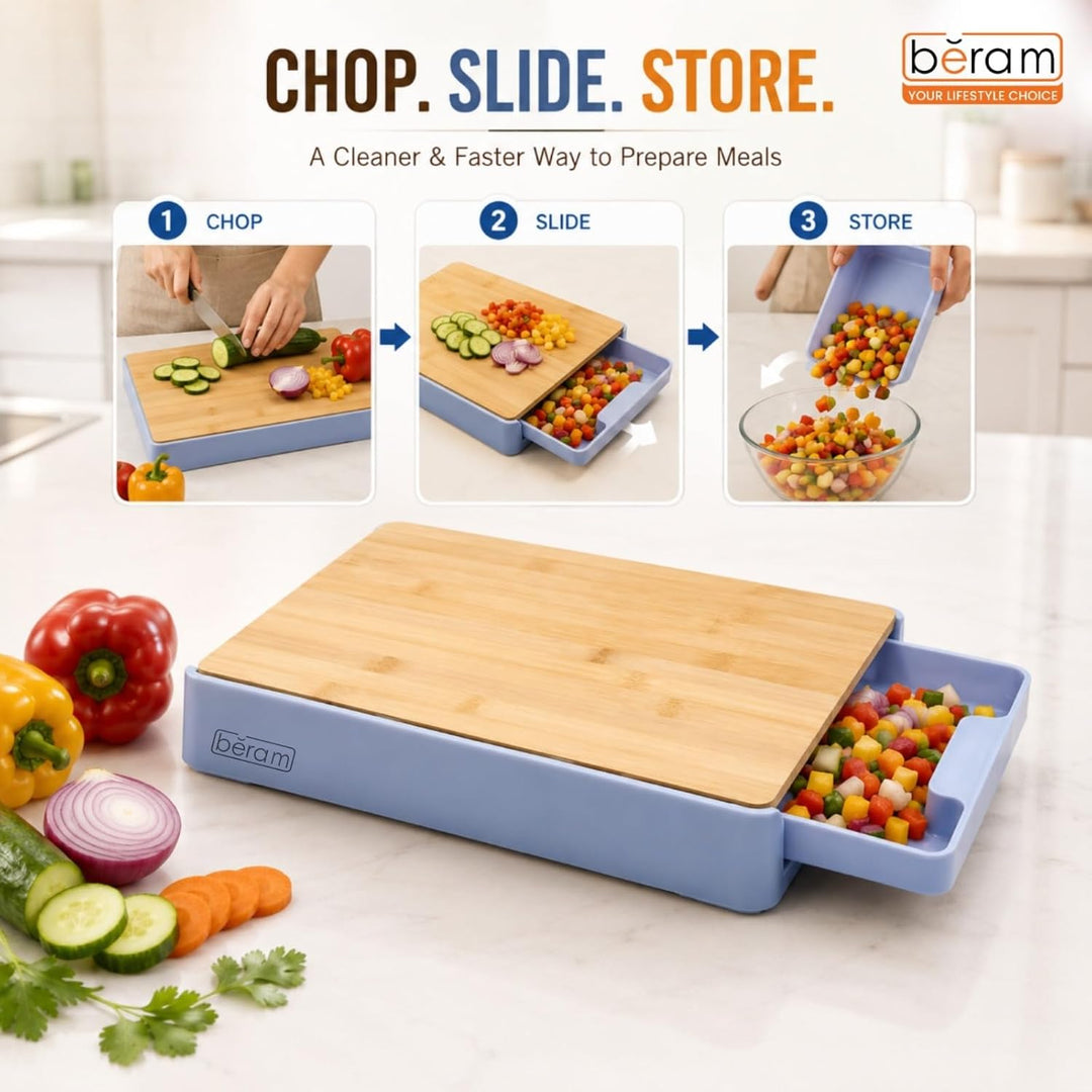 BERAM Prep & Chop Pro Kit – Bamboo Chopping Board with Wall Mounted Food Storage Design & 5 Inch Santoku Knife, 3CR13 Stainless Steel Sharp Kitchen Knife for Chopping, Slicing, Mincing, Meat, Fruits & Vegetables