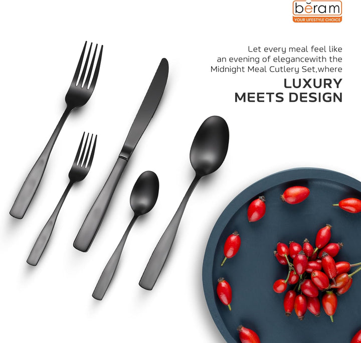 BERAM Midnight Meal Black Cutlery Set – Matte Finish Stainless Steel Flatware for Home, Restaurants & Hotels – Modern Kitchen Utensils