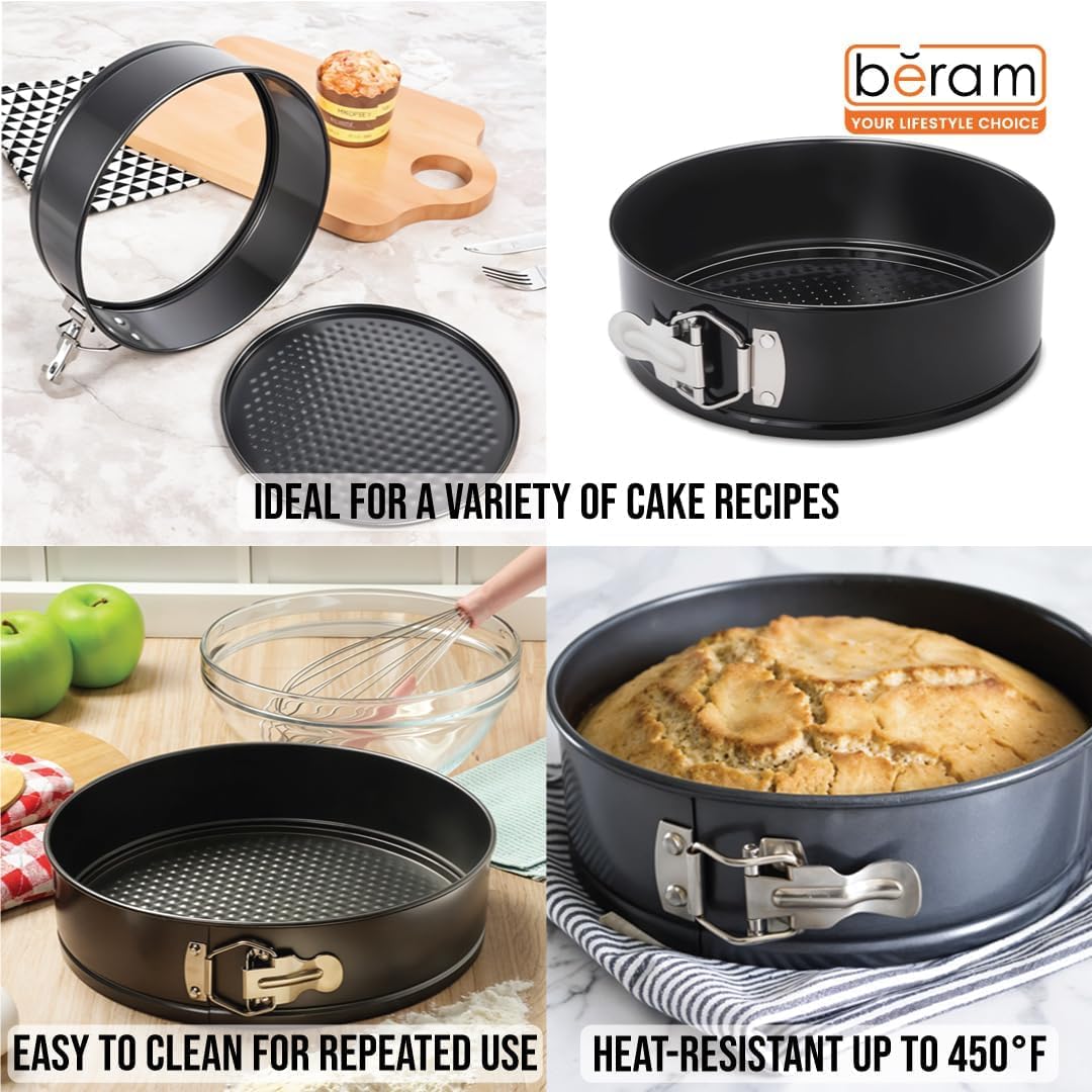 Beram Non Stick Cake Tin Black Round Carbon Steel Baking Pan with Quick Release Latch Removable Leakproof Bottom Heavy Duty Springform Cake Mould for Cheesecake Pastries and Layered Cakes