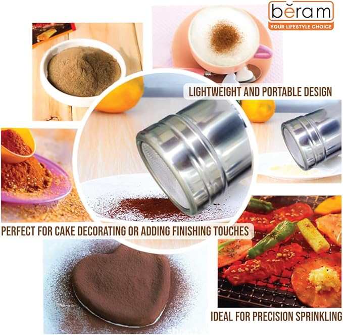 BERAM Sugar Shakers Stainless Steel Powder Shakers 3 Piece Set Seasoning Canisters with Lids Dry Food Storage Containers Cake Flour Sieve Dry Ingredients Sprinkler Kitchen Essentials