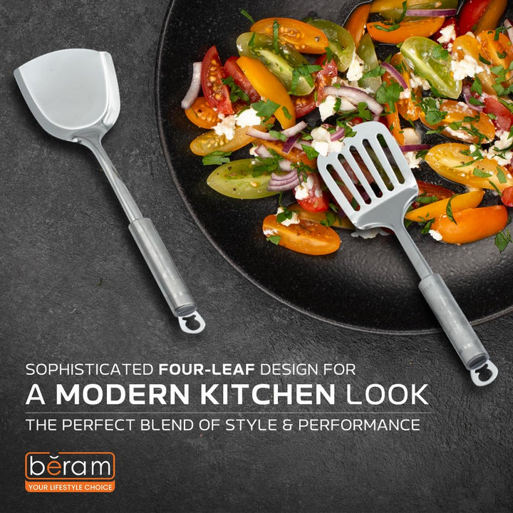 BERAM Stainless Steel Cooking Utensils Set 6 Pieces Four Leaf Design Handles Spatula Turner Rice Scoop Pasta Server Skimmer Soup Ladle Kitchen Tools for Daily Use