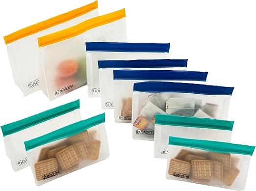 BERAM Reusable Storage Bags Standing Ziploc Containers Dishwasher Safe Leak Proof BPA Free PEVA Material Freezer Safe Lunch and Sandwich Bags Food Safe Picnic and Travel Bags