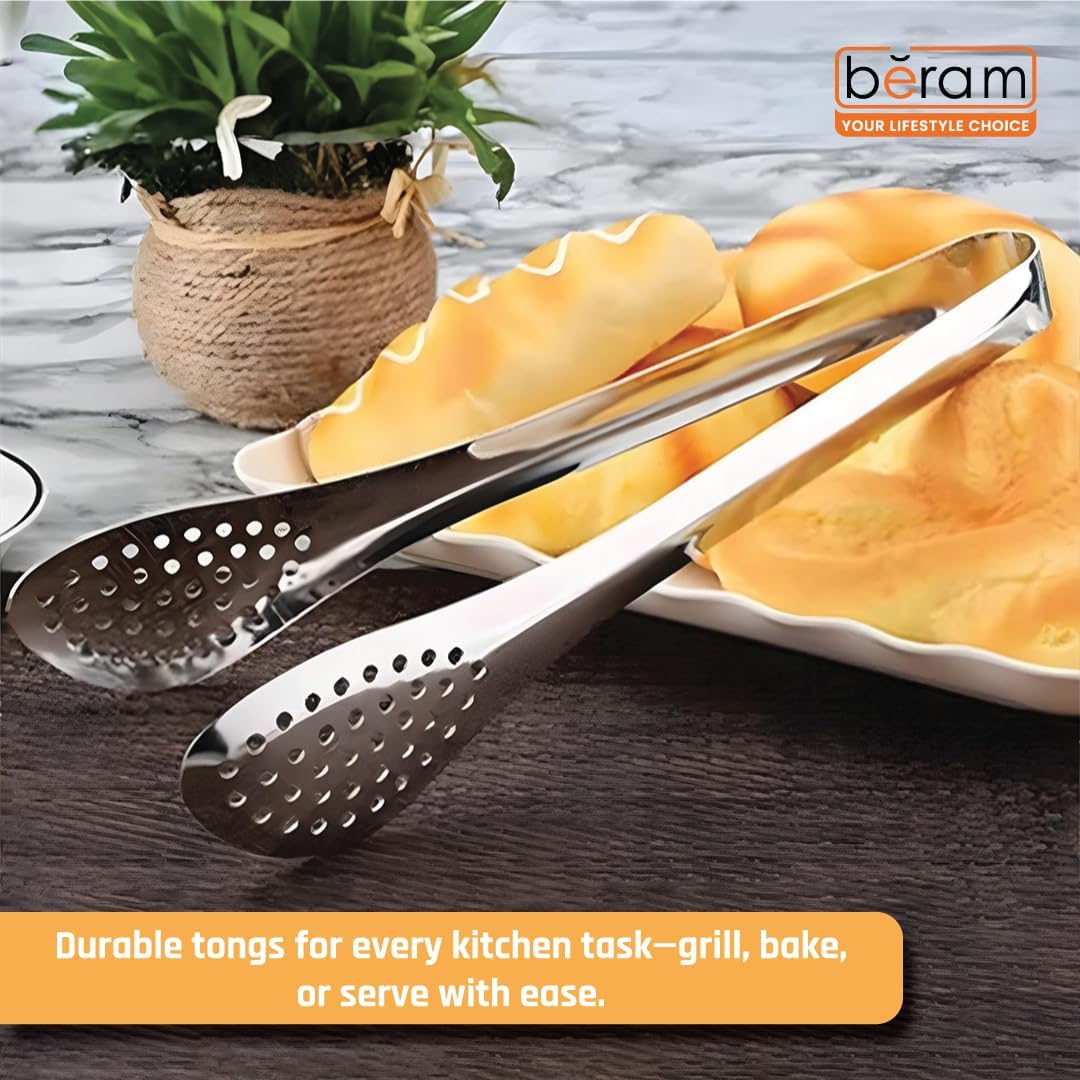 BERAM 304 Stainless Steel Tongs Set of 4 Sizes 6,7,9,12 inch Multipurpose Kitchen Tongs for Salad Toast BBQ Frying Buffet Steak and Food Serving Durable Non Slip Grip Metal Forceps Silver