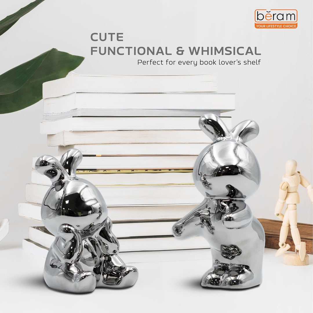 BERAM Bunny Bookends – Silver Ceramic Statue Figurines, Modern Art Sculptures for Home Decor, Abstract Shelf Ornaments, Premium Gift Decorations for Office, Living Room, or Bookshelves