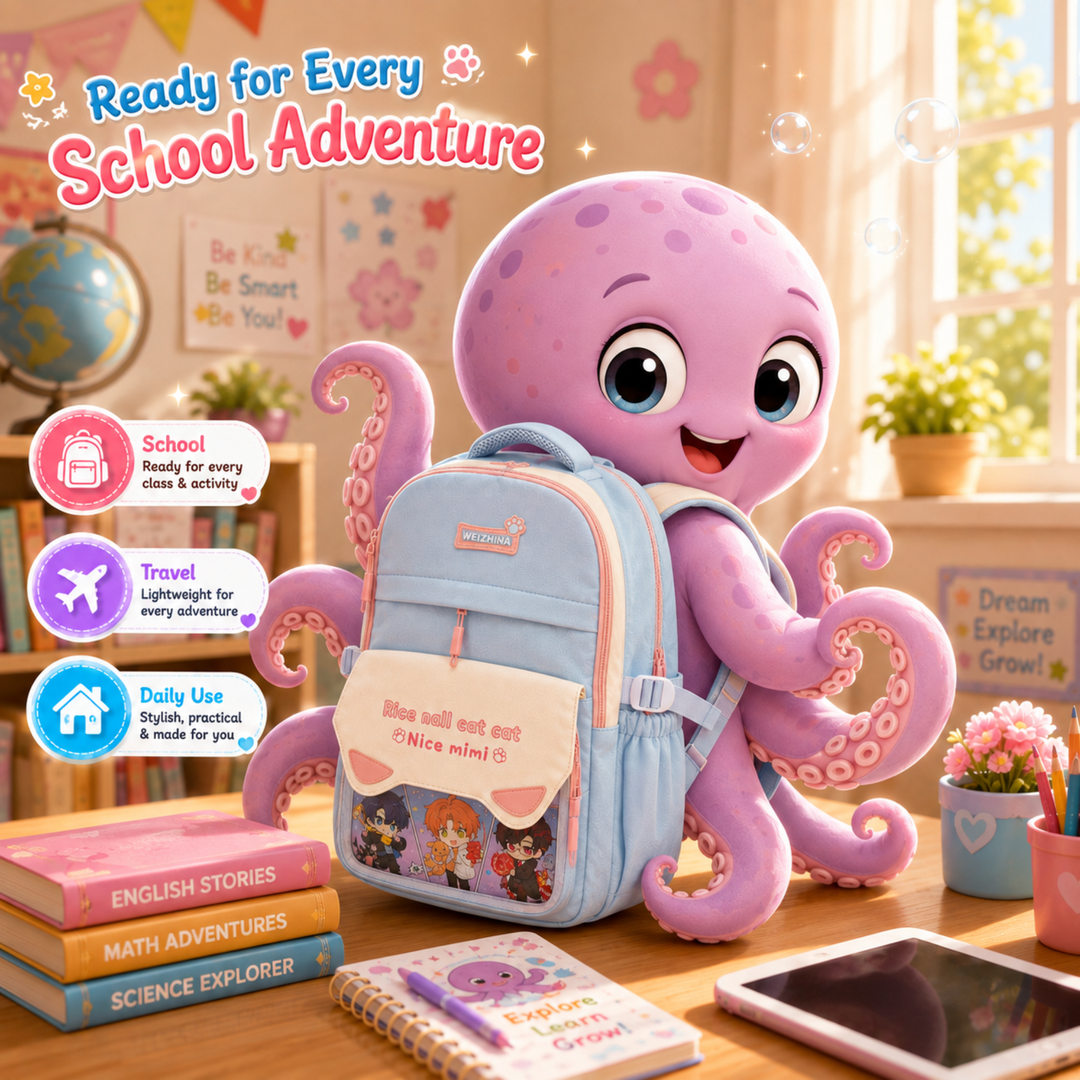 Mimi Meow School Backpack, Cute Cat Water-Resistant Student Backpack with Front Pocket, Lightweight Large Capacity School Bag with Side Bottle Pockets for School & Travel