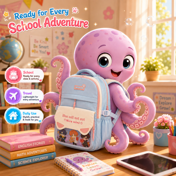 Mimi Meow School Backpack, Cute Cat Water-Resistant Student Backpack with Front Pocket, Lightweight Large Capacity School Bag with Side Bottle Pockets for School & Travel