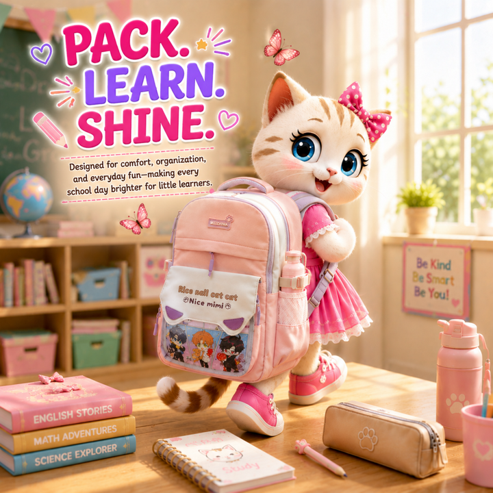 Mimi Meow School Backpack, Cute Cat Water-Resistant Student Backpack with Front Pocket, Lightweight Large Capacity School Bag with Side Bottle Pockets for School & Travel