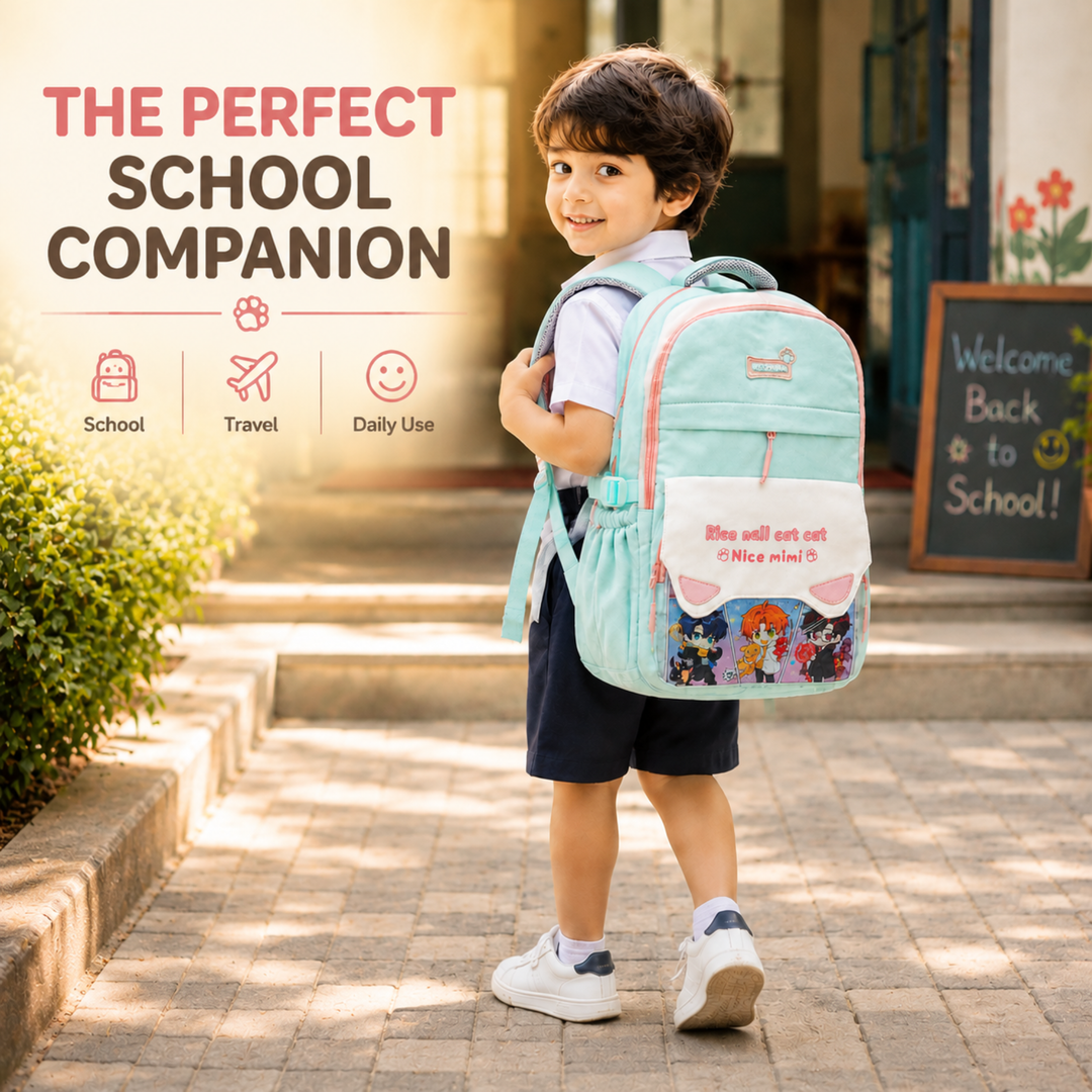 Mimi Meow School Backpack, Cute Cat Water-Resistant Student Backpack with Front Pocket, Lightweight Large Capacity School Bag with Side Bottle Pockets for School & Travel