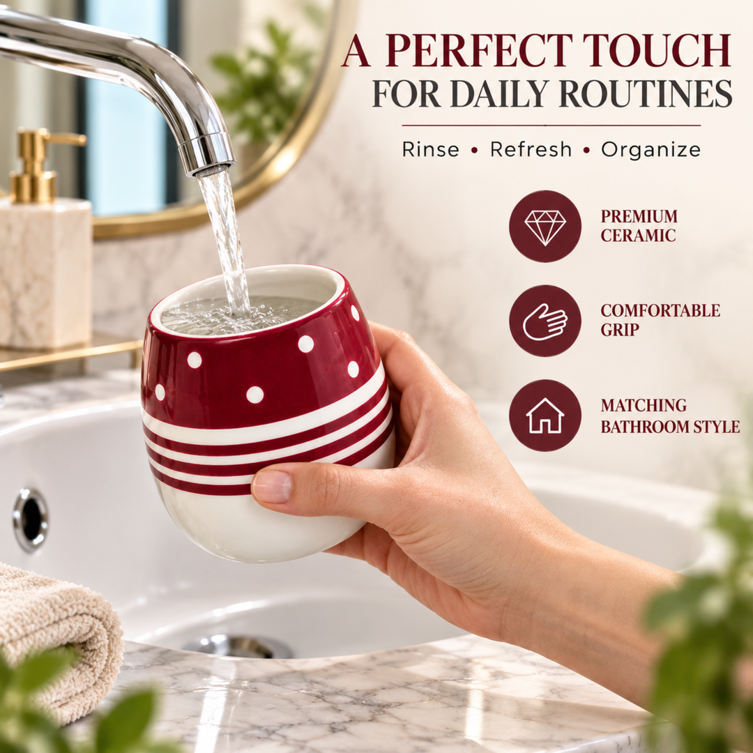 4-Piece Red & White Ceramic Bathroom Accessory Set with Soap Dispenser, Toothbrush Holder, Tumbler & Soap Dish, Polka Dot & Striped Design