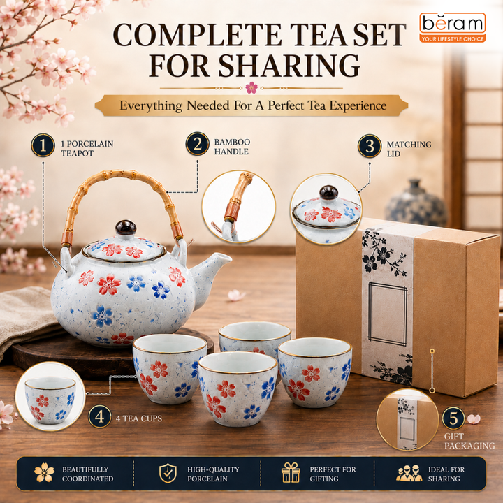 BERAM Porcelain 5 Pieces Tea Set Japanese Inspired Teapots and Cups Wooden Coasters Scratch Resistant Decorative Tea Set with Gift Packaging Multicolor Premium Serveware Home Decor