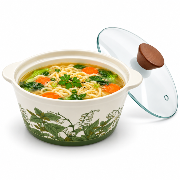 Soup Pot Set with Glass Lids, 0.85L Each, Floral Ceramic Cooking Pots with Side Handles & Wooden Knobs for Soup, Noodles, Porridge, Milk, Stews & Serving