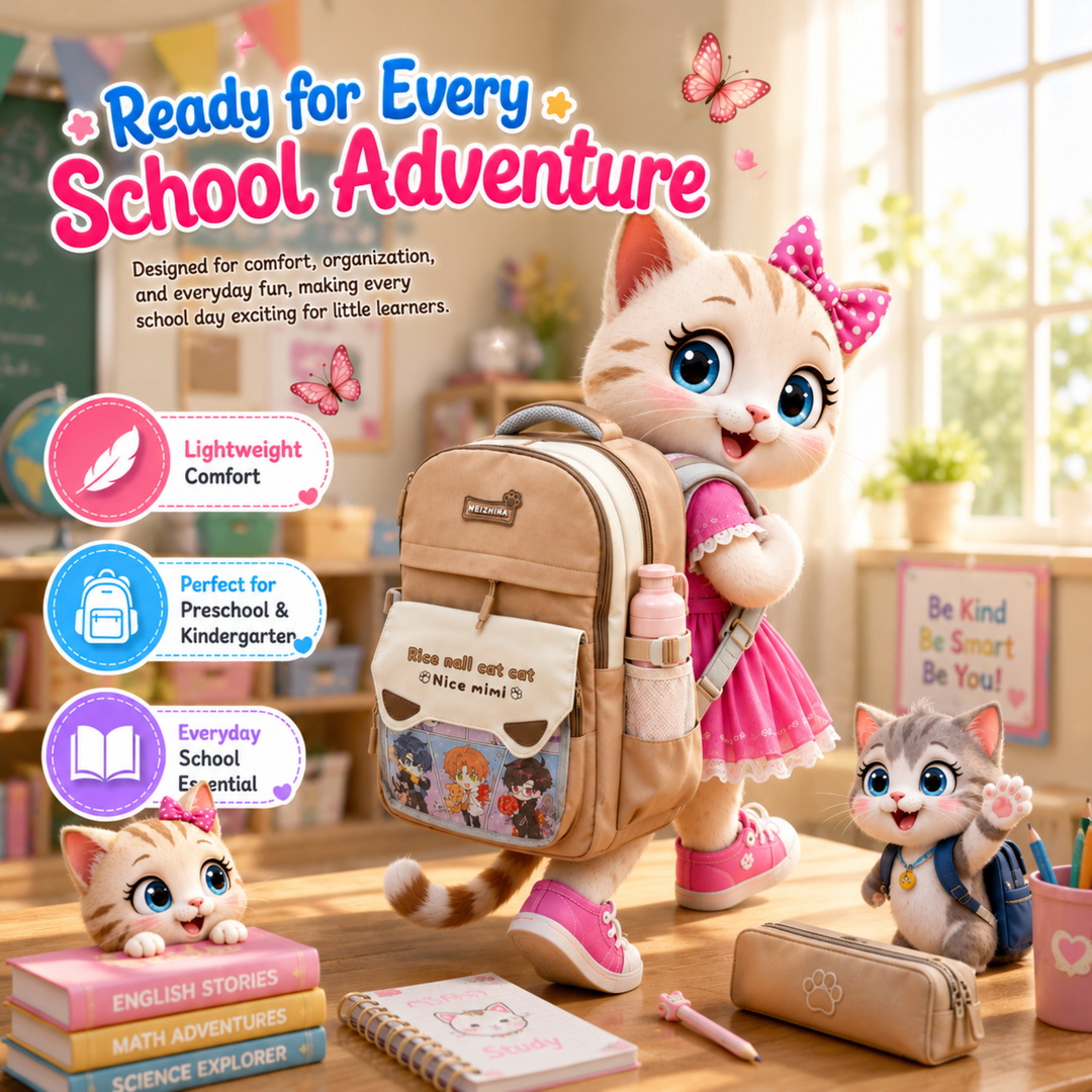 Mimi Meow School Backpack, Cute Cat Water-Resistant Student Backpack with Front Pocket, Lightweight Large Capacity School Bag with Side Bottle Pockets for School & Travel