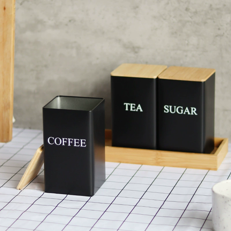 BERAM Metal Tea Coffee Sugar Container Set with Bamboo Lid Airtight Kitchen Storage Jars for Home and Kitchen Tea Box and Coffee Beans Container Set Modern Home Improvement Canisters