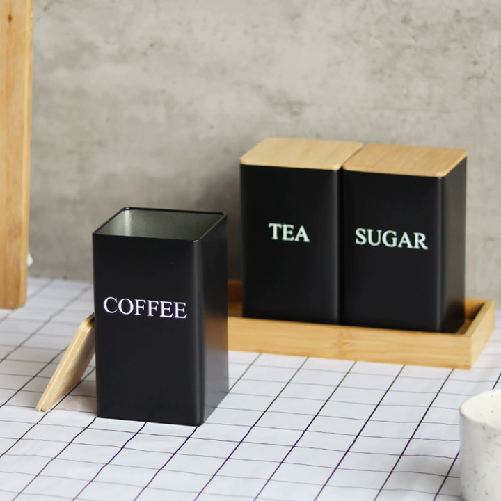BERAM Metal Tea Coffee Sugar Container Set with Bamboo Lid Airtight Kitchen Storage Jars for Home and Kitchen Tea Box and Coffee Beans Container Set Modern Home Improvement Canisters