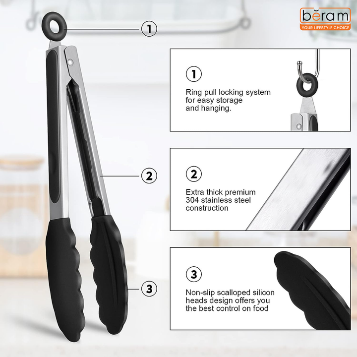 BERAM 270℃ Cooking Tongs, 9 Inch Silicone Kitchen Tongs with Non-Stick Rubber Tips, Padlock System & 18/8 Stainless Steel Handle for Grilling, BBQ, Frying, Serving, Heat Resistant, Non-Scratch
