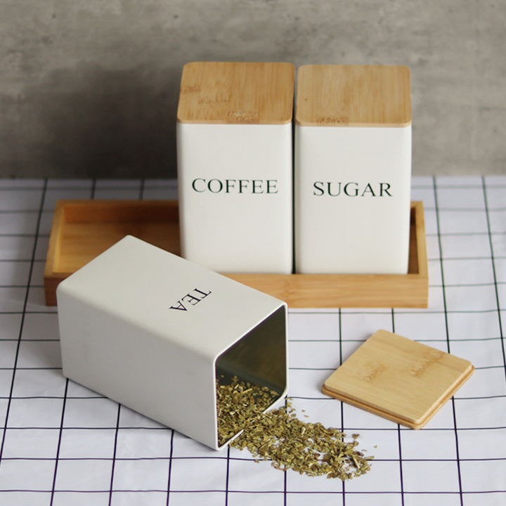BERAM Metal Tea Coffee Sugar Container Set with Bamboo Lid Airtight Kitchen Storage Jars for Home and Kitchen Tea Box and Coffee Beans Container Set Modern Home Improvement Canisters
