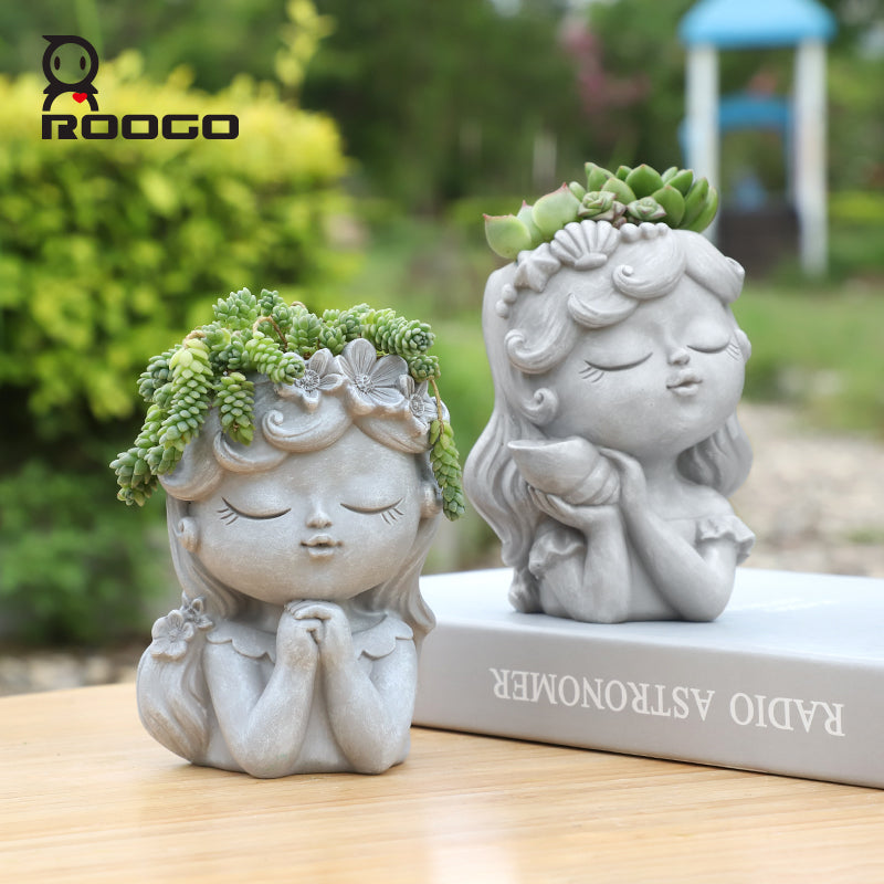 Beram Bonsai Craft Vase 4-Set Pray Dream Flower Blessing Dolls Grey Polyresin Decorative Succulent Planters Elegant Home Office Desk Decor Flower Pots Pen Pencil Holders Propagator Kit Gift