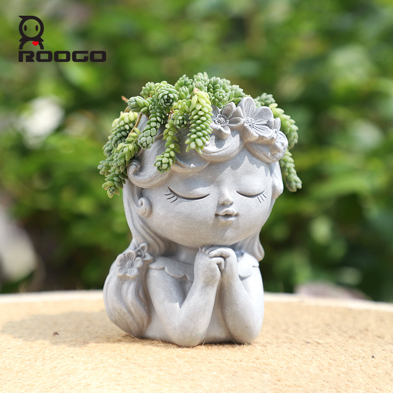 Beram Bonsai Craft Vase 4-Set Pray Dream Flower Blessing Dolls Grey Polyresin Decorative Succulent Planters Elegant Home Office Desk Decor Flower Pots Pen Pencil Holders Propagator Kit Gift