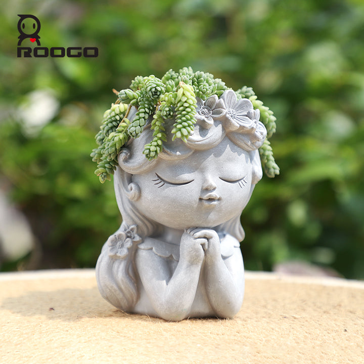 Beram Bonsai Craft Vase 4-Set Pray Dream Flower Blessing Dolls Grey Polyresin Decorative Succulent Planters Elegant Home Office Desk Decor Flower Pots Pen Pencil Holders Propagator Kit Gift