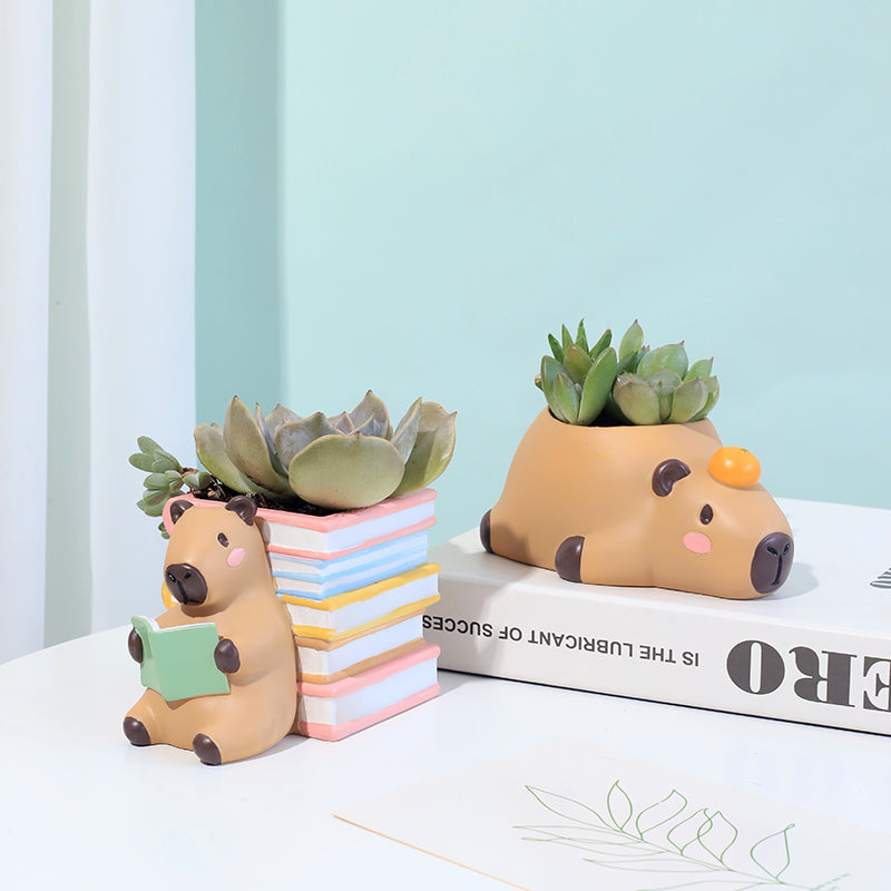 Reading 2Pcs Set Pig and Puppy Design Flower Pot Polyresin Decorative Planter for Succulents Mini Plants Indoor Outdoor Home Office Desk Décor Pen Pencil Holder Propagator Kit