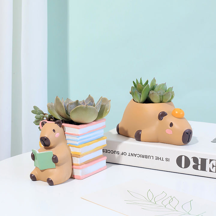 Reading 2Pcs Set Pig and Puppy Design Flower Pot Polyresin Decorative Planter for Succulents Mini Plants Indoor Outdoor Home Office Desk Décor Pen Pencil Holder Propagator Kit