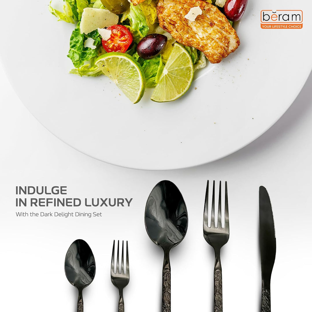 BERAM Dark Delight 402 Cutlery Set Black Marble Finish Premium Stainless Steel Flatware Heavy Duty Rust Resistant for Home Hotels & Restaurants – Dishwasher Safe Modern Elegant Tableware