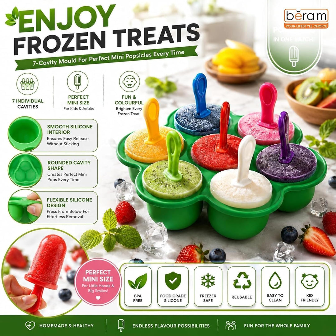 BERAM Cool Prep Combo – Green 7 Cavity Silicone Popsicle Mold with Reusable Sticks, 33 Grid Ice Cube Tray with Lid & 6-in-1 Multi Bottle Jar Opener | BPA Free Frozen Treat & Drink Preparation Set