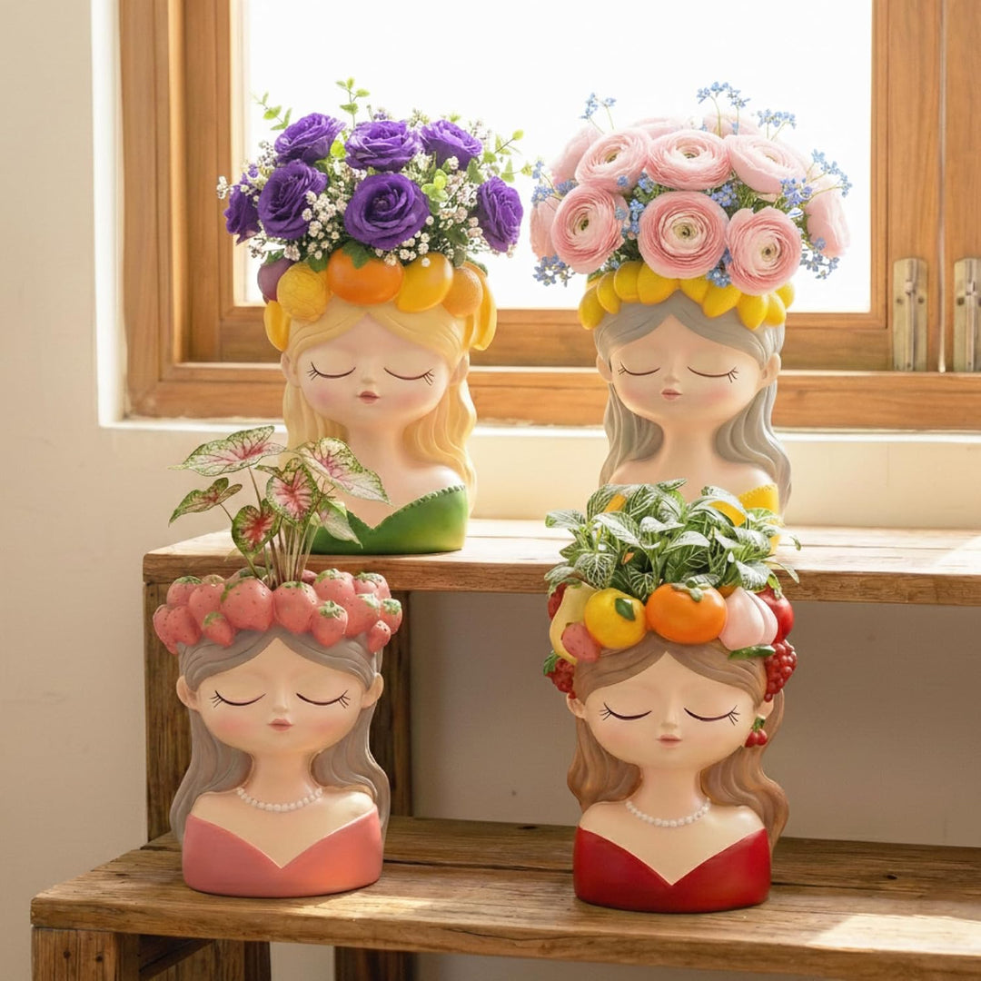 Fancy Girl with Fruit Crown Flower Pot 4 Pcs Set Red Green Pink Yellow Polyresin Decorative Planters for Succulents Indoor Outdoor Home Office Desk Décor Pen Pencil Holder Propagator Kit