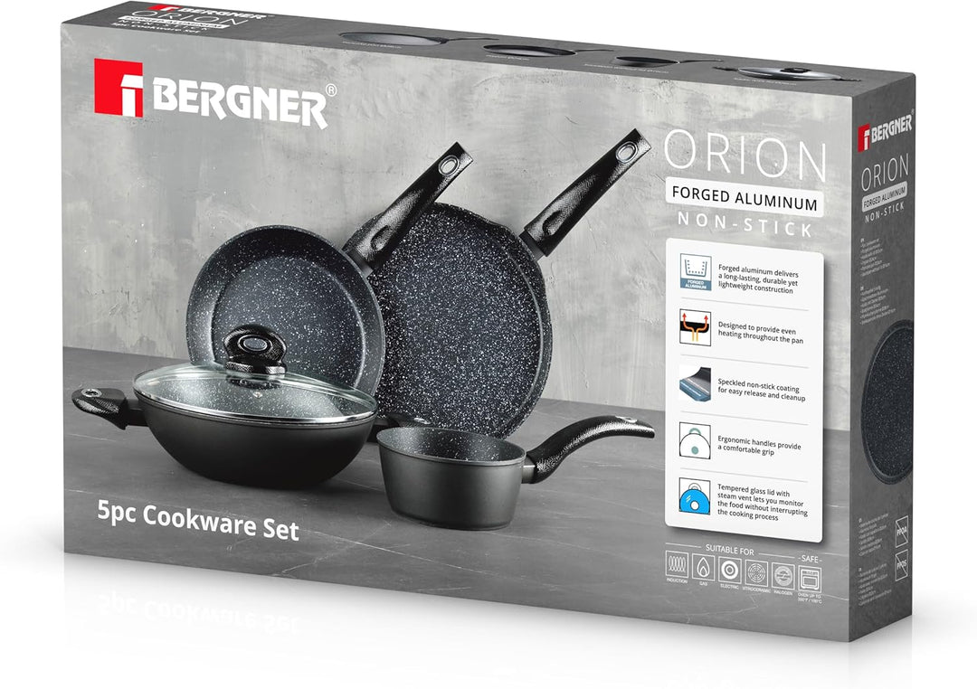 ORION 5PCS COOKWARE SET, FORGED ALUMINUM COOKING SET, INDUCTION BOTTOM COOKWARE, MARBLE+ NON-STICK COATING COOKING POTS, SUITABLE FOR ALL STOVES, GREY COLOR,