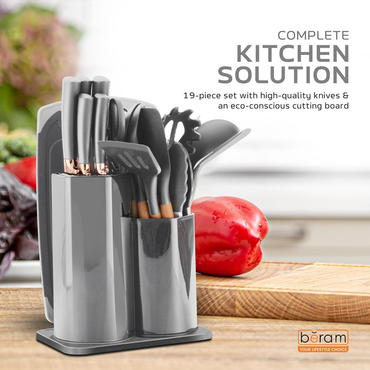 BERAM 19 Pieces Knife Set for Kitchen Cooking Utensils Set Tongs Spoon Spatula & Turner Made of Heat Resistant Silicone with Wooden Handles Non-Stick Kitchen Knife Sets