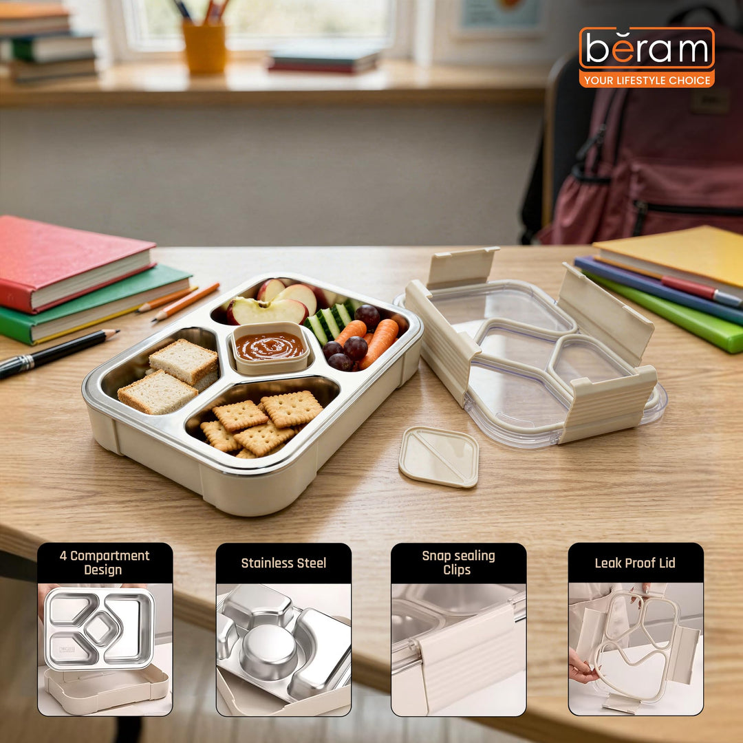 Beram 4-Compartment Premium Stainless Steel Lunch Box 1020ml Insulated Bento Box for Kids & Adults Leakproof BPA-Free Dishwasher Safe with Tableware SUS 304+PP+Silicon