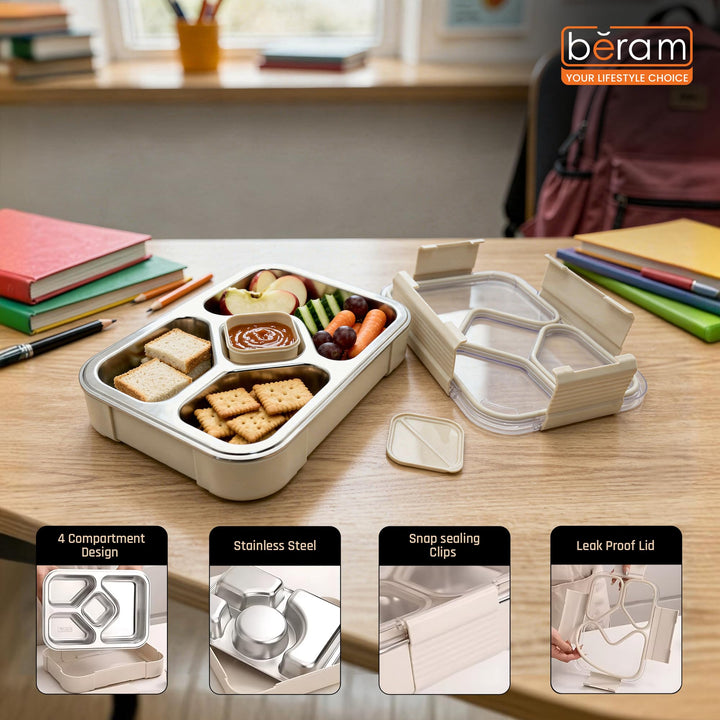 Beram 4-Compartment Premium Stainless Steel Lunch Box 1020ml Insulated Bento Box for Kids & Adults Leakproof BPA-Free Dishwasher Safe with Tableware SUS 304+PP+Silicon