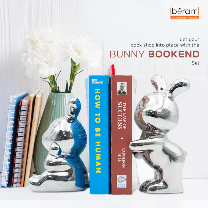 BERAM Bunny Bookends – Silver Ceramic Statue Figurines, Modern Art Sculptures for Home Decor, Abstract Shelf Ornaments, Premium Gift Decorations for Office, Living Room, or Bookshelves
