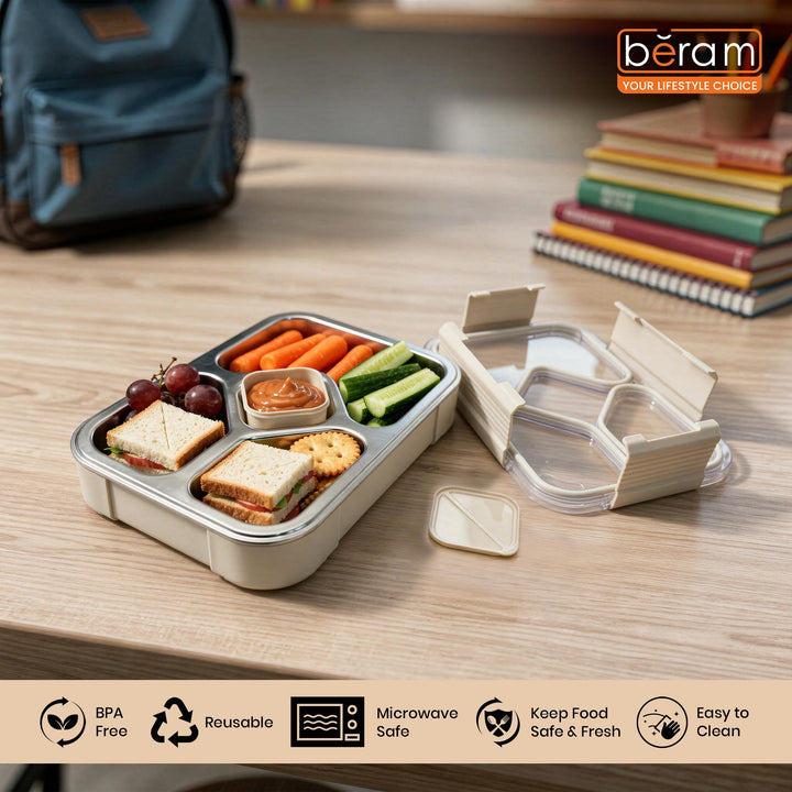 Beram 4-Compartment Premium Stainless Steel Lunch Box 1020ml Insulated Bento Box for Kids & Adults Leakproof BPA-Free Dishwasher Safe with Tableware SUS 304+PP+Silicon