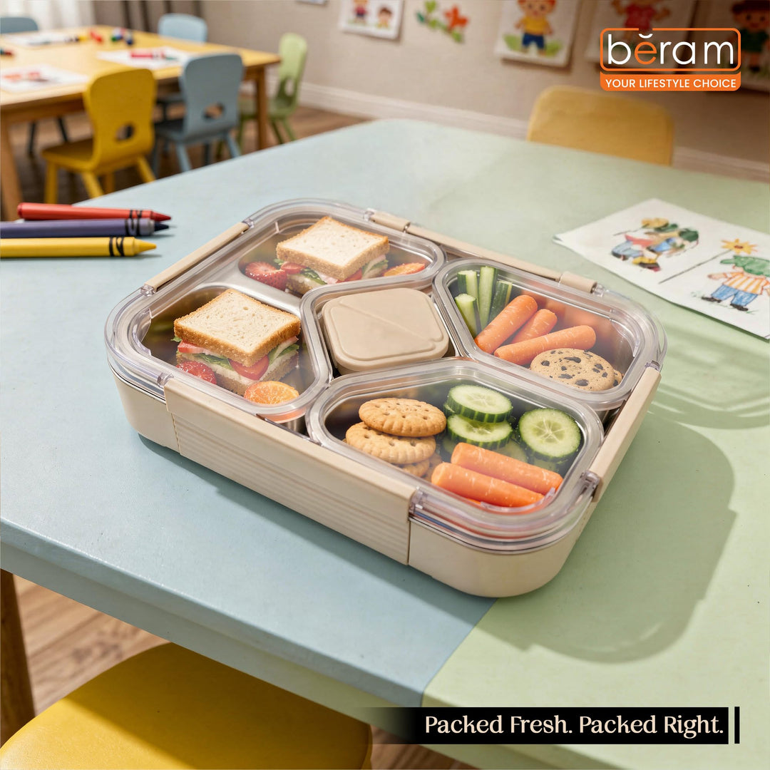 Beram 4-Compartment Premium Stainless Steel Lunch Box 1020ml Insulated Bento Box for Kids & Adults Leakproof BPA-Free Dishwasher Safe with Tableware SUS 304+PP+Silicon