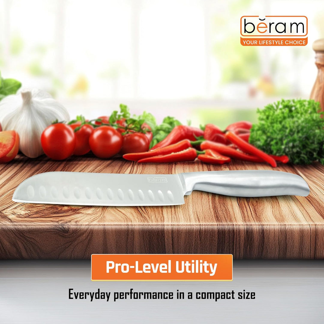 BERAM Prep & Chop Pro Kit – Bamboo Chopping Board with Wall Mounted Food Storage Design & 5 Inch Santoku Knife, 3CR13 Stainless Steel Sharp Kitchen Knife for Chopping, Slicing, Mincing, Meat, Fruits & Vegetables