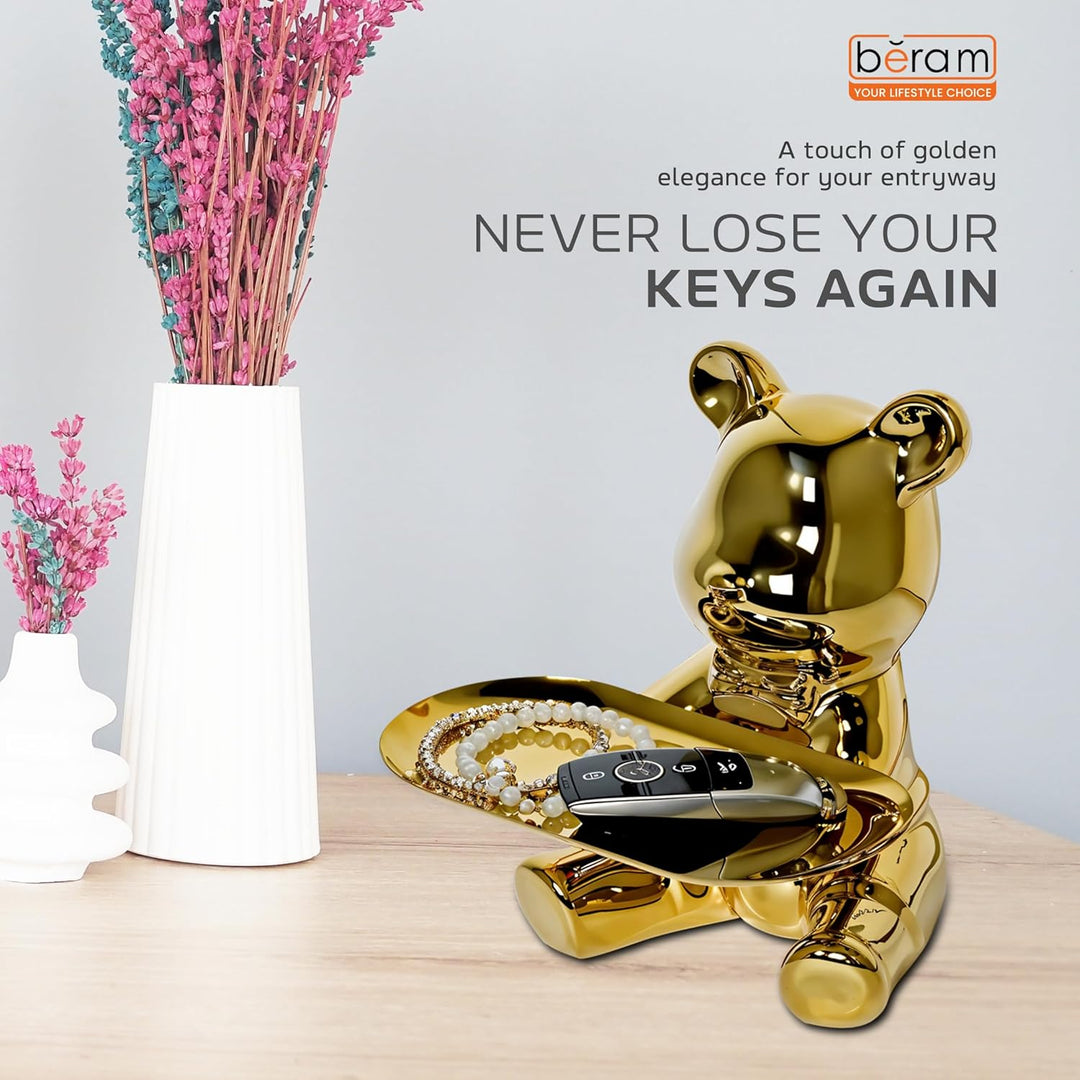 BERAM Golden Bunny Piggy Bank with Key Stand – Ceramic Art Sculpture, Modern Abstract Home Decor, Indoor Shelf Ornament & Functional Office, Living Room, Dining Room Centerpiece