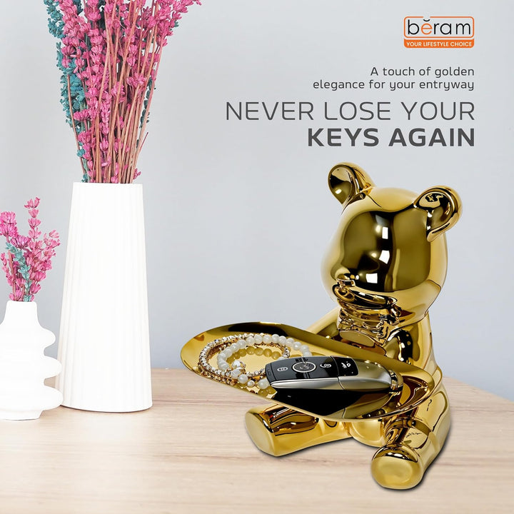 BERAM Golden Bunny Piggy Bank with Key Stand – Ceramic Art Sculpture, Modern Abstract Home Decor, Indoor Shelf Ornament & Functional Office, Living Room, Dining Room Centerpiece