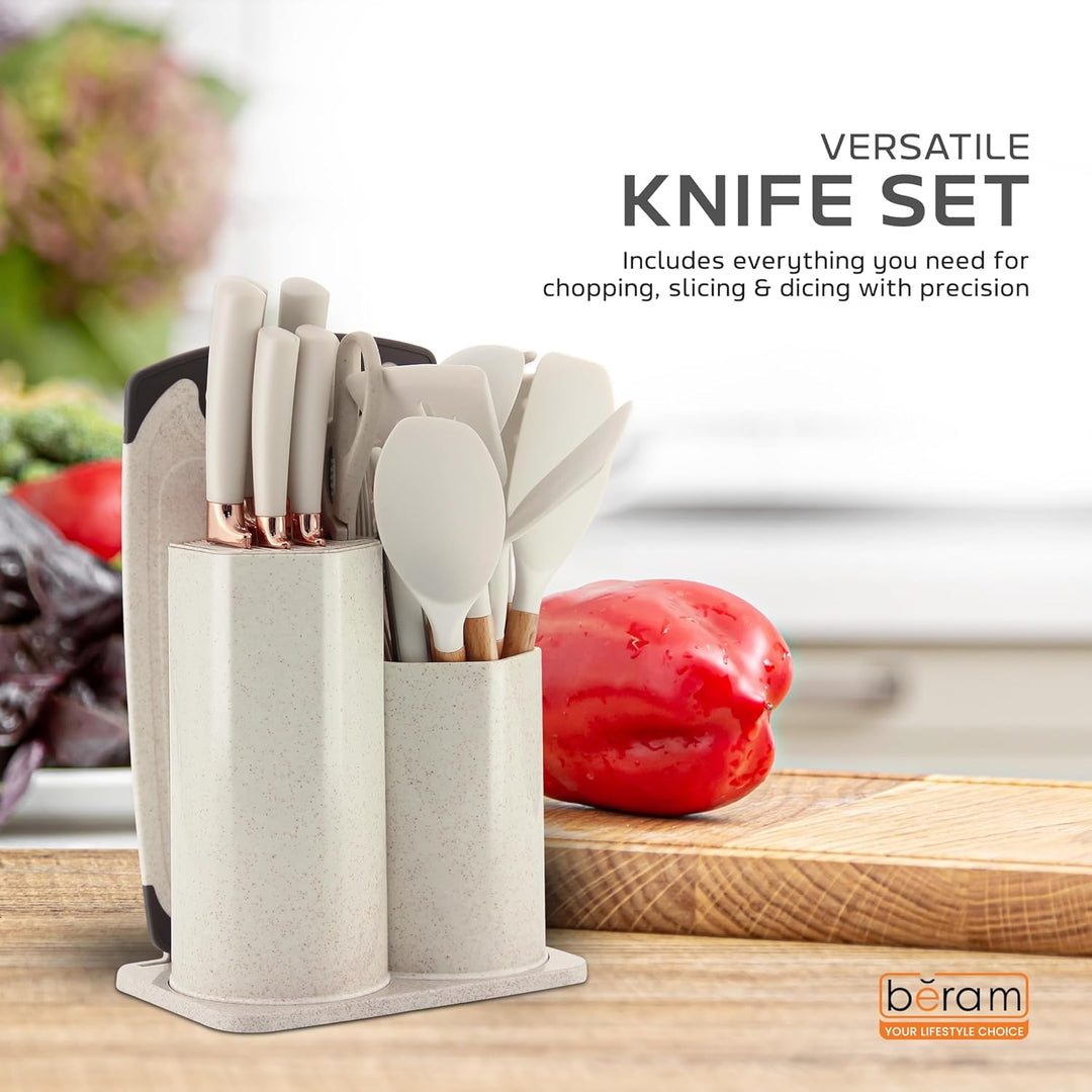 BERAM 19 Pieces Knife Set for Kitchen Cooking Utensils Set Tongs Spoon Spatula & Turner Made of Heat Resistant Silicone with Wooden Handles Non-Stick Kitchen Knife Sets
