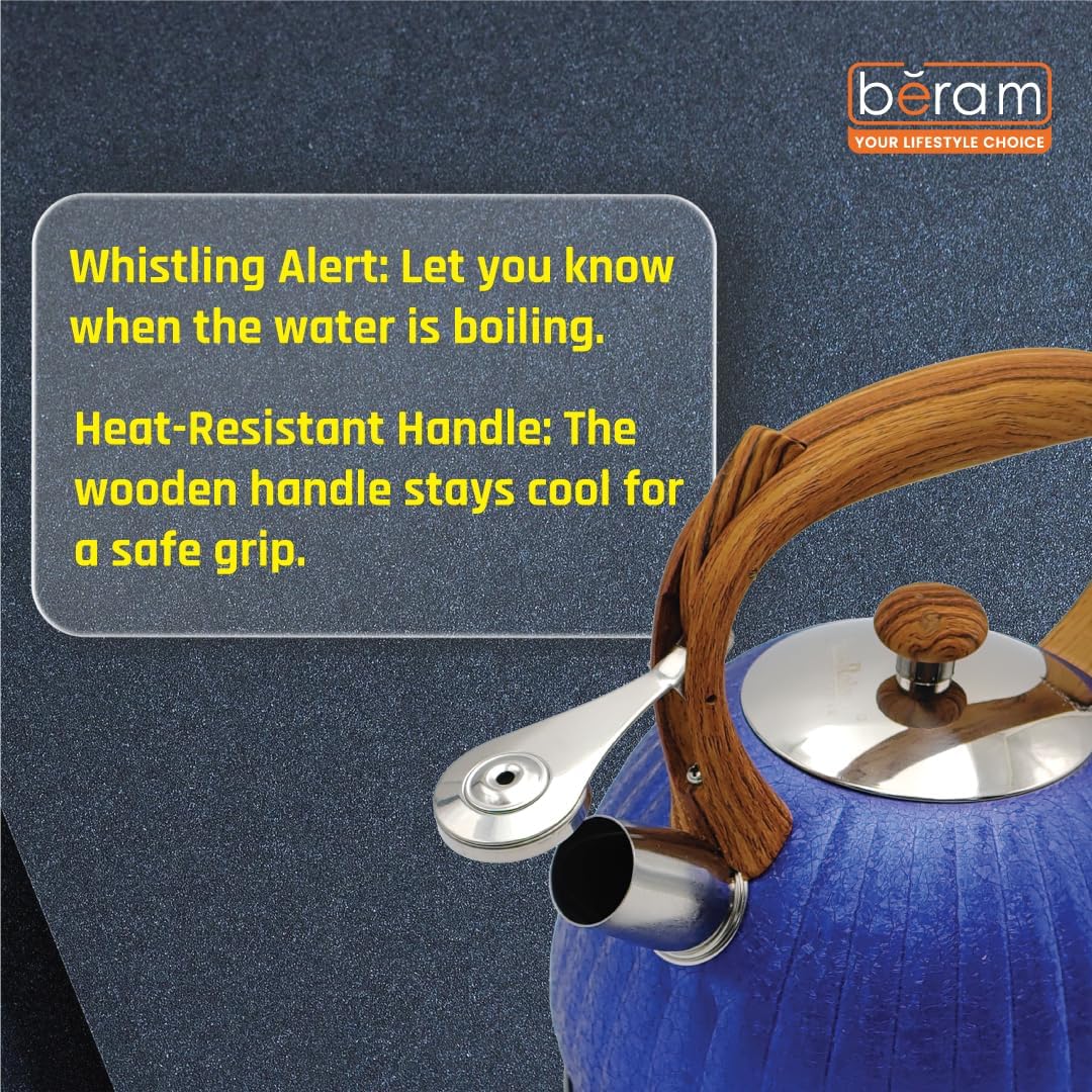 Haus Roland Whistling Kettle, Wooden Handles with Stripes, Stovetop Tea Kettle, Stainless Teapot, 3 Liters, Fast Boiling, Perfect for Homes, Picnics, and Parties