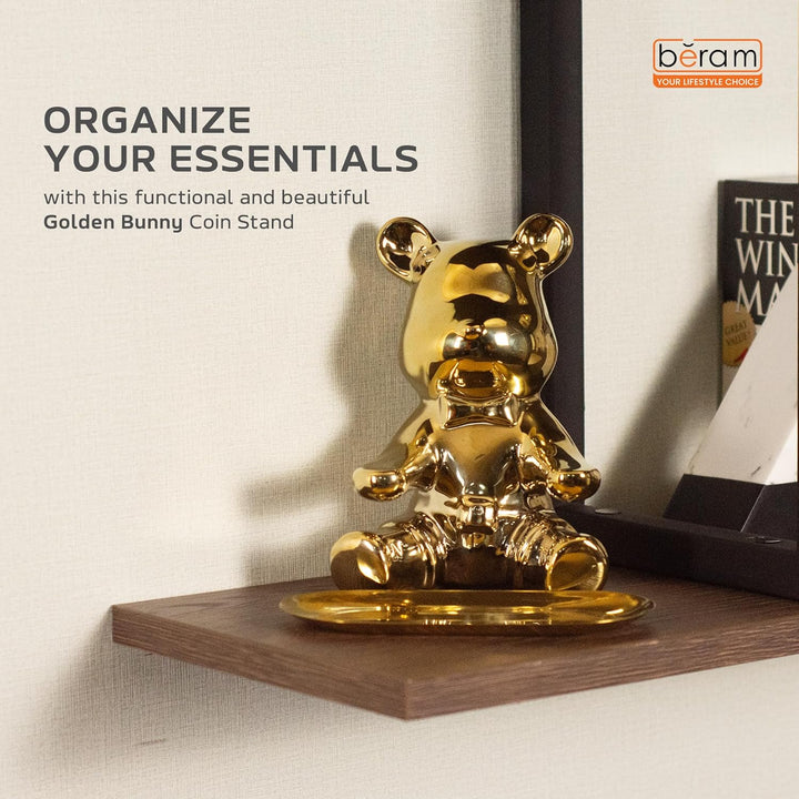 BERAM Golden Bunny Piggy Bank with Key Stand – Ceramic Art Sculpture, Modern Abstract Home Decor, Indoor Shelf Ornament & Functional Office, Living Room, Dining Room Centerpiece