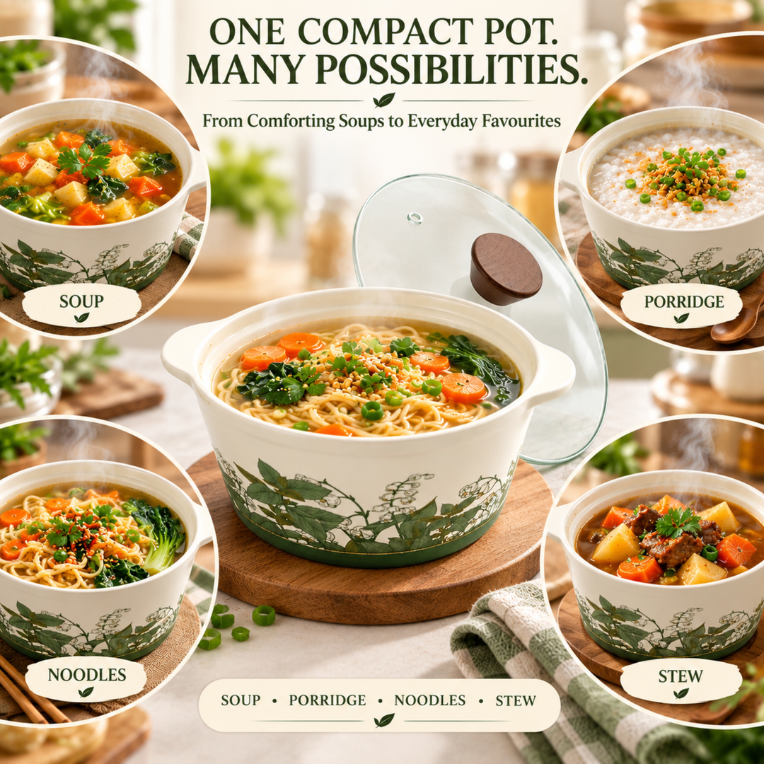 Soup Pot Set with Glass Lids, 0.85L Each, Floral Ceramic Cooking Pots with Side Handles & Wooden Knobs for Soup, Noodles, Porridge, Milk, Stews & Serving