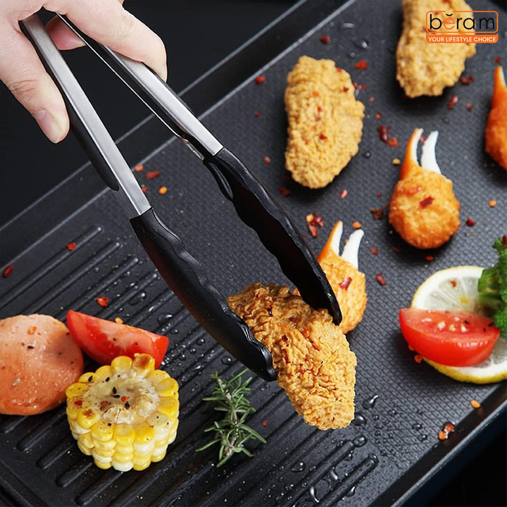 BERAM 270℃ Cooking Tongs, 9 Inch Silicone Kitchen Tongs with Non-Stick Rubber Tips, Padlock System & 18/8 Stainless Steel Handle for Grilling, BBQ, Frying, Serving, Heat Resistant, Non-Scratch
