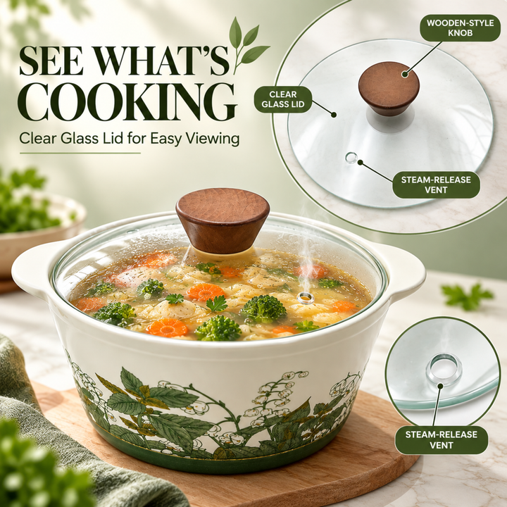 Soup Pot Set with Glass Lids, 0.85L Each, Floral Ceramic Cooking Pots with Side Handles & Wooden Knobs for Soup, Noodles, Porridge, Milk, Stews & Serving