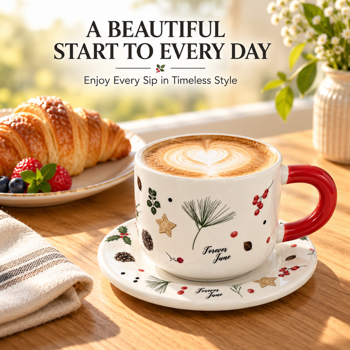 Ceramic Coffee Cup and Saucer Set, Tea Cup with Handle, Elegant White Porcelain Style Cup and Matching Saucer with Botanical Floral Design for Coffee, Tea, Cappuccino and Home Serving