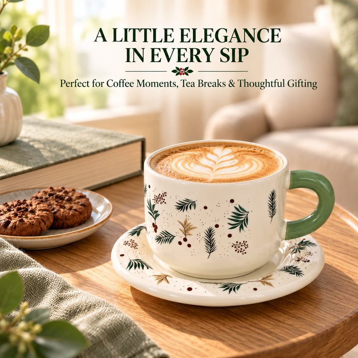 Ceramic Coffee Cup and Saucer Set, Tea Cup with Handle, Elegant White Porcelain Style Cup and Matching Saucer with Botanical Floral Design for Coffee, Tea, Cappuccino and Home Serving
