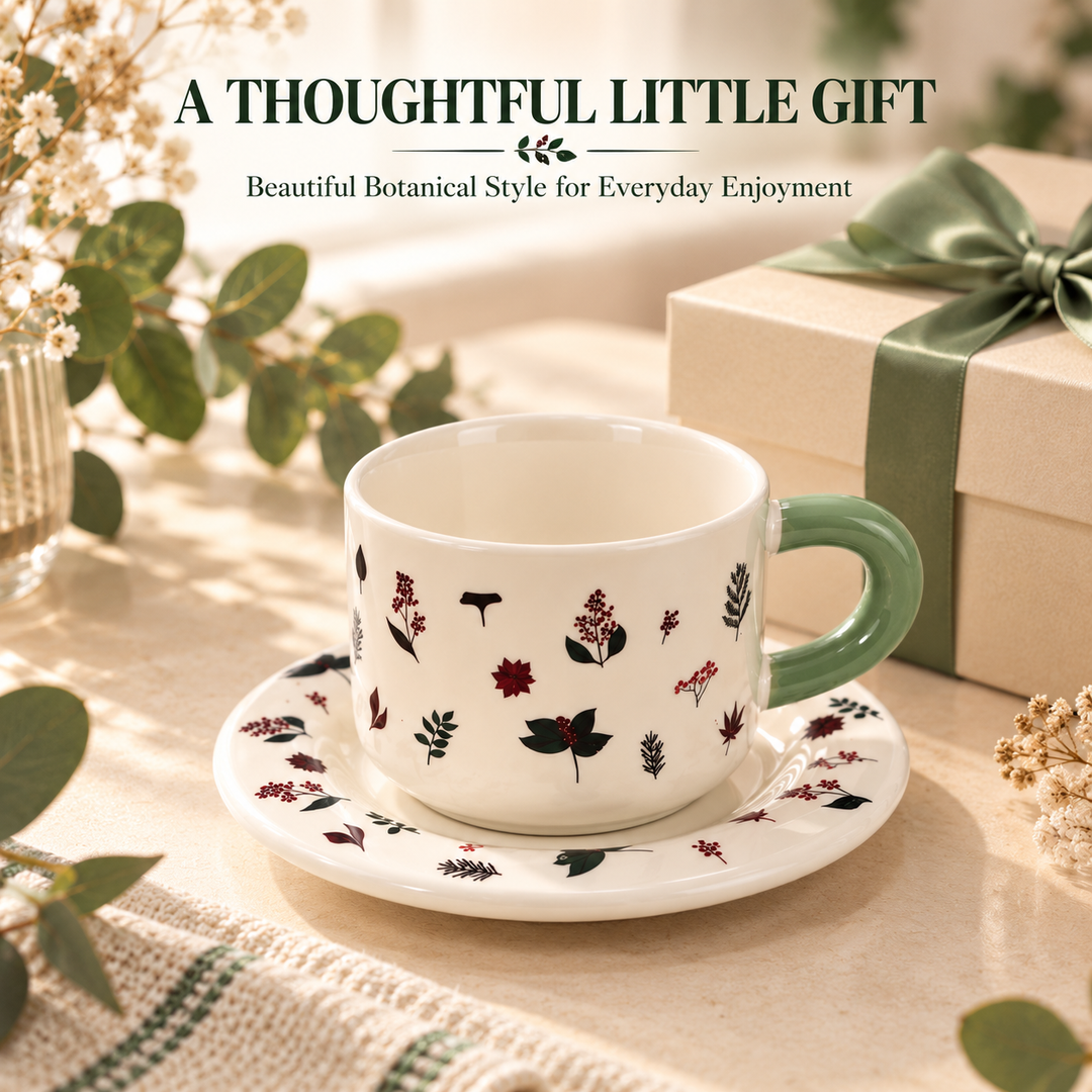 Ceramic Coffee Cup and Saucer Set, Tea Cup with Handle, Elegant White Porcelain Style Cup and Matching Saucer with Botanical Floral Design for Coffee, Tea, Cappuccino and Home Serving