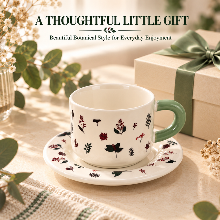 Ceramic Coffee Cup and Saucer Set, Tea Cup with Handle, Elegant White Porcelain Style Cup and Matching Saucer with Botanical Floral Design for Coffee, Tea, Cappuccino and Home Serving